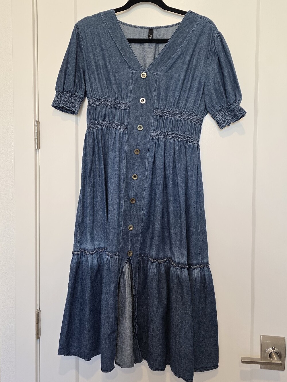 Lapis Denim Button-Front Midi Dress in Blue 100% Cotton Prairiecore Western